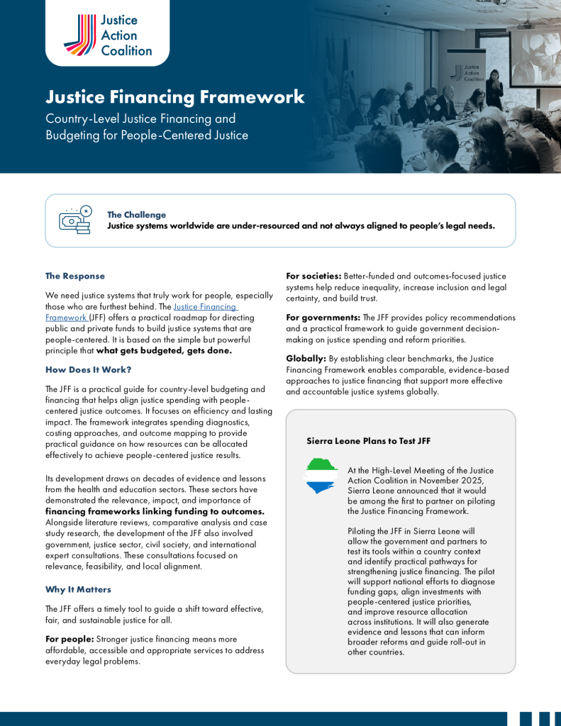 Front page of Justice Financing Framework Fact Sheet
