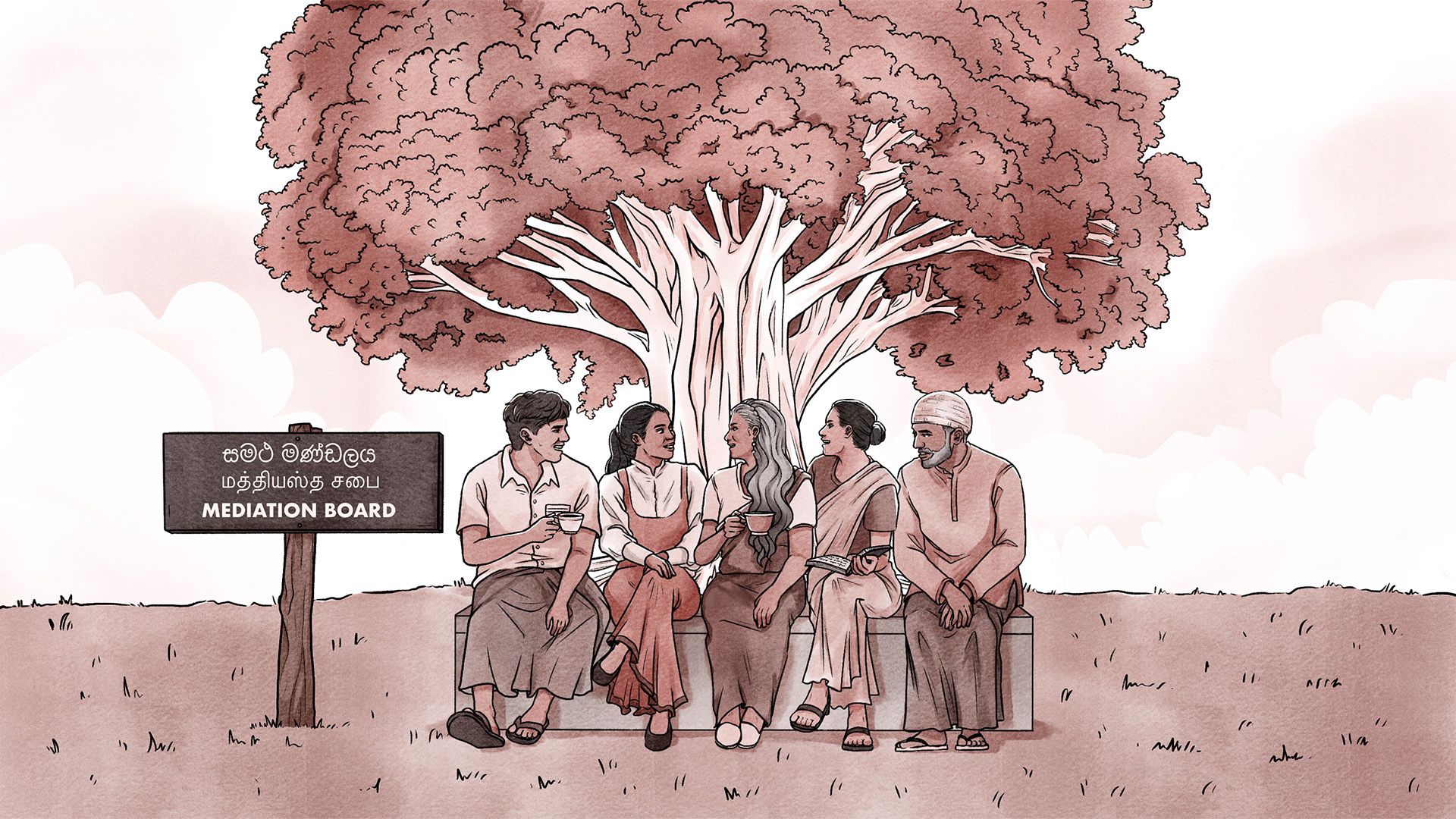 Red and black illustration of five diverse Sri Lanka people sitting in front of a tree, with a board next to them that says 