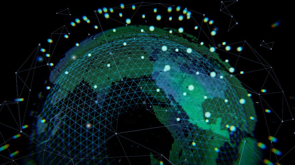Abstract digital sphere (green and blue) with dots all over the globe.