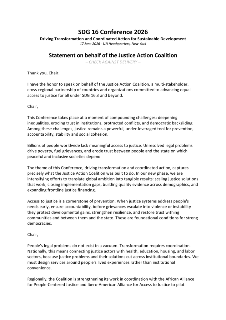 Front page of Justice Action Coalition Statement at CSW70