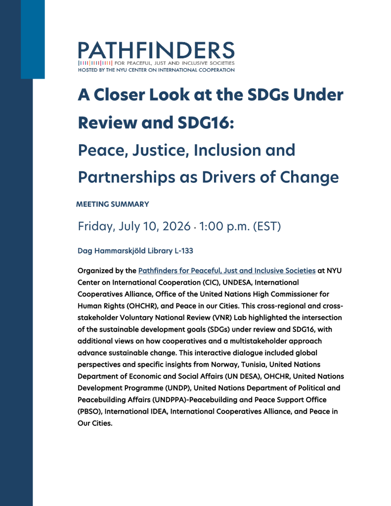 Front page of A Closer Look at the SDGs Under Review and SDG16:  Peace, Justice, Inclusion and Partnerships as Drivers of Change