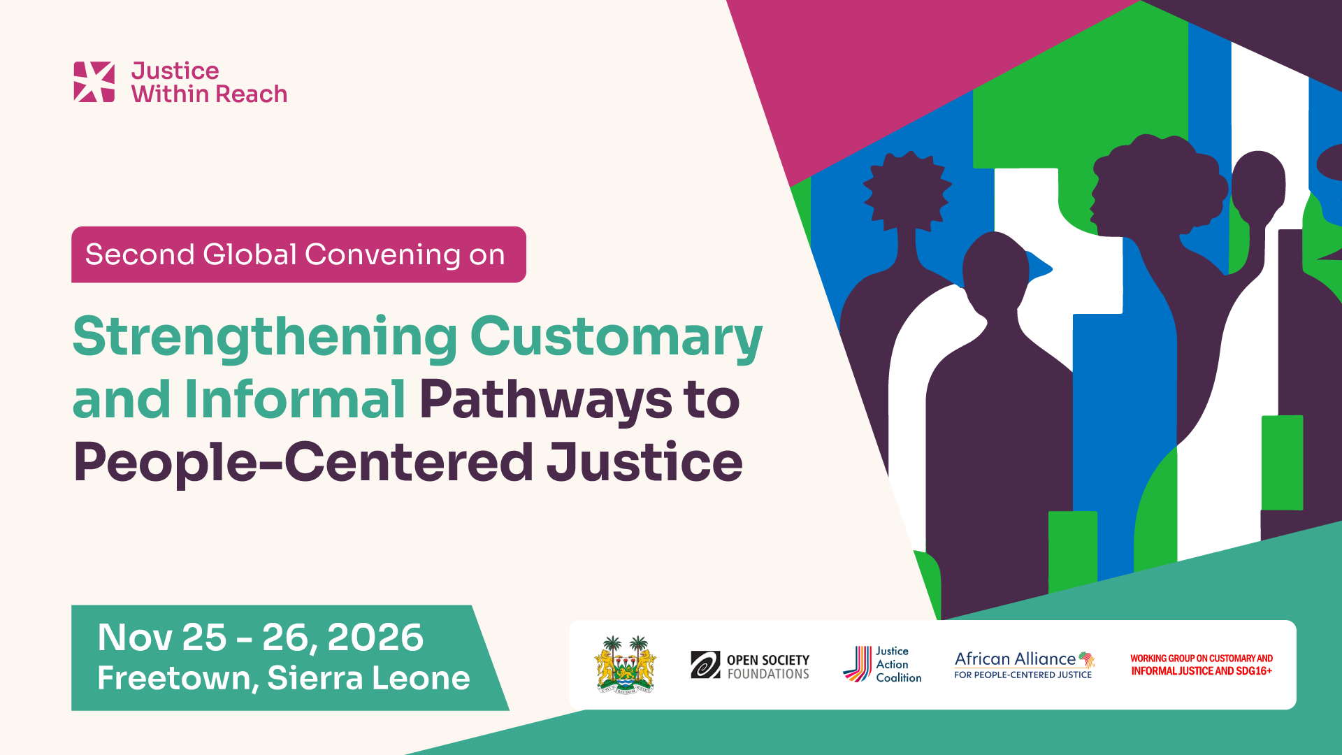 Event banner for a global justice convention, featuring diverse silhouettes and vibrant shapes; Nov. 25–26, 2026, Freetown, Sierra Leone.