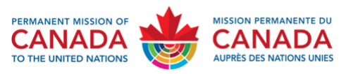 Logo with English/French text for the Permanent Mission of Canada to the United Nations with a canadian red leaf above a colorful half circle.