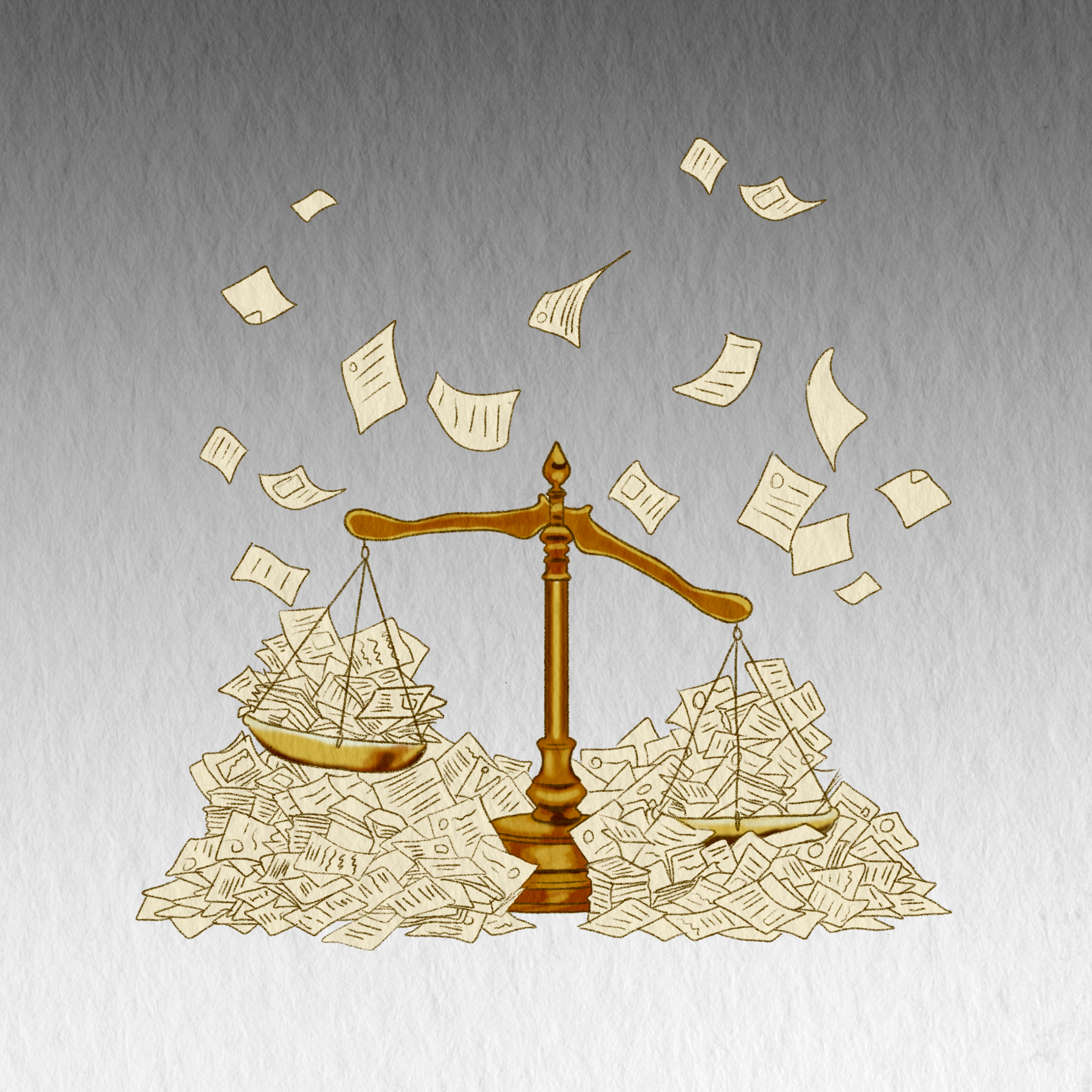 Illustration of justice scales with papers scattered on the balances, below, and above it. Background is a gray gradient.